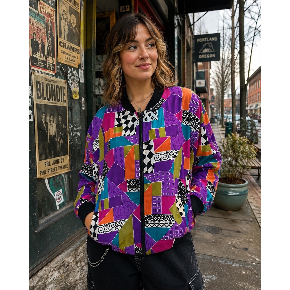 Vtg Notation Woman 1X Colorful Geometric Abstract Print Bomber Jacket Zip Front